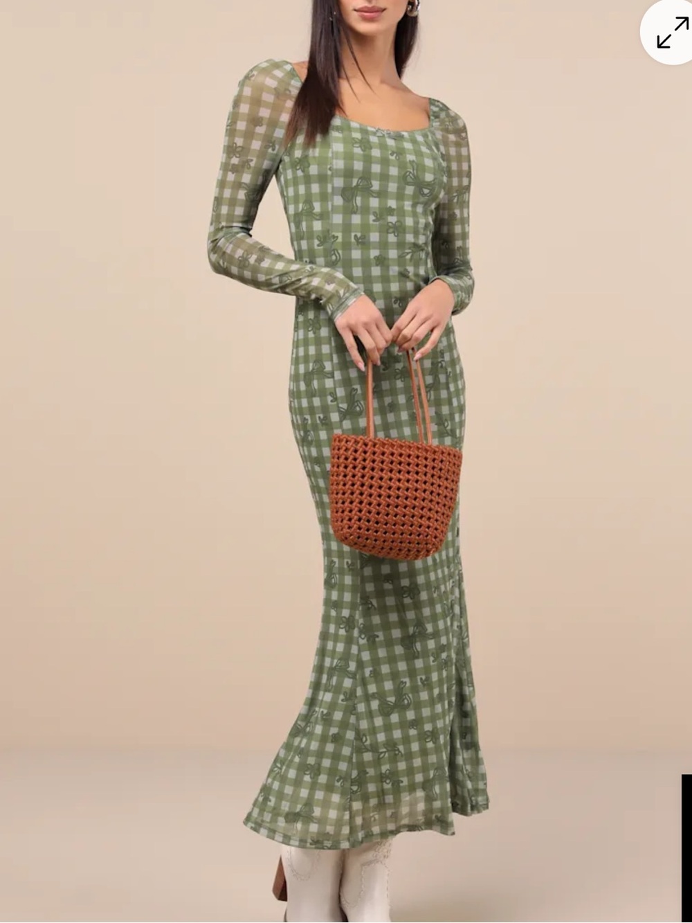 Daisy Street Western Gingham Bow Square-Neck Sheer Long Sleeve Maxi Dress NWT